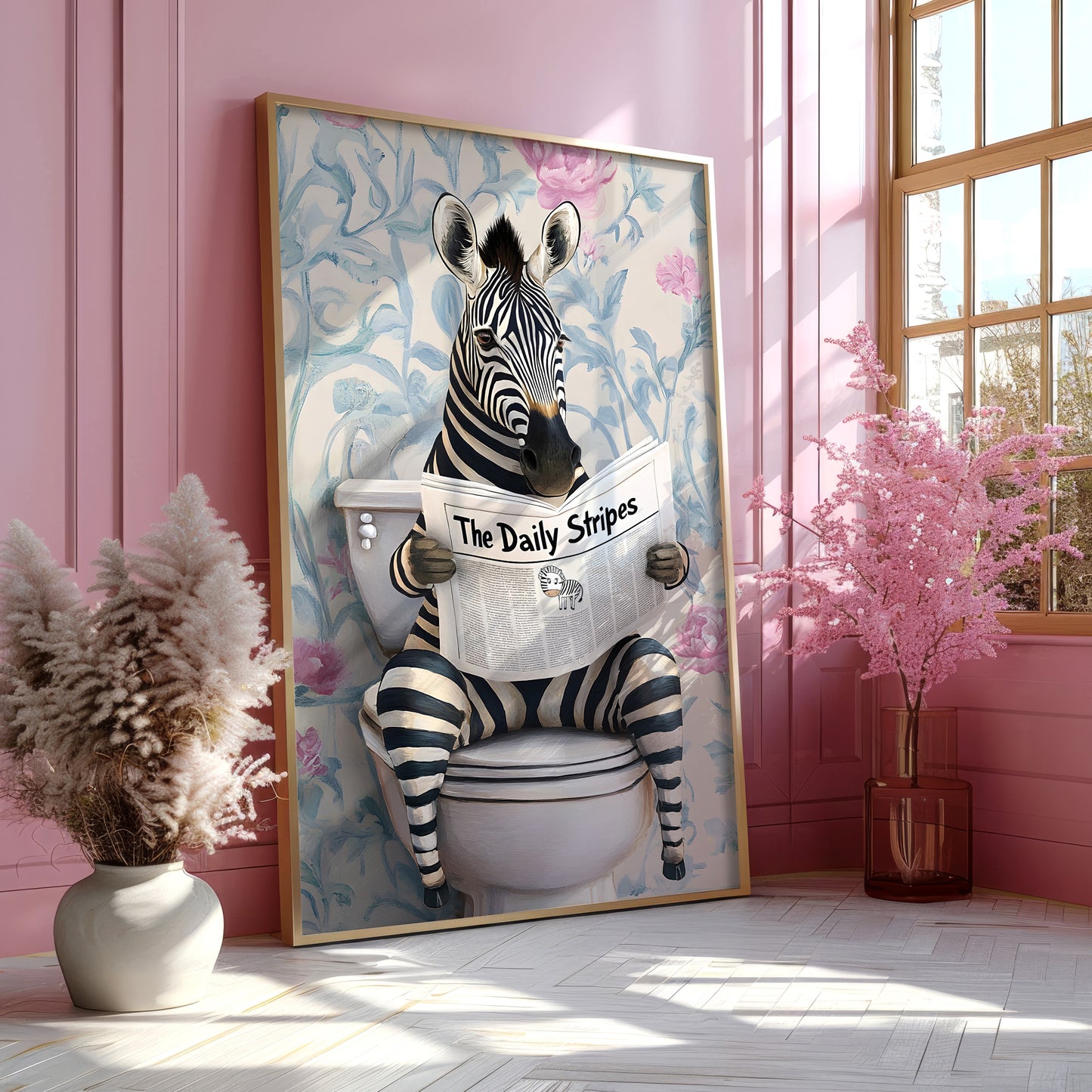 a picture of a zebra sitting on a toilet reading a newspaper