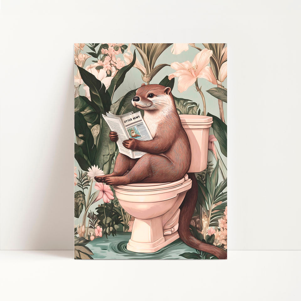 a painting of a beaver sitting on a toilet reading a newspaper