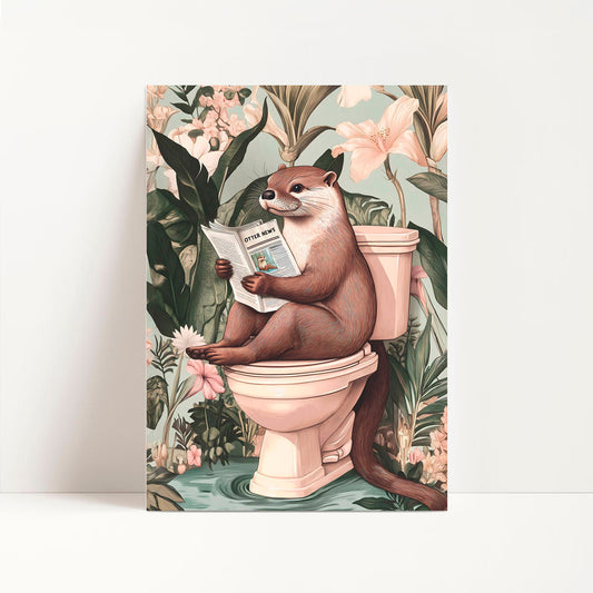 a painting of a beaver sitting on a toilet reading a newspaper