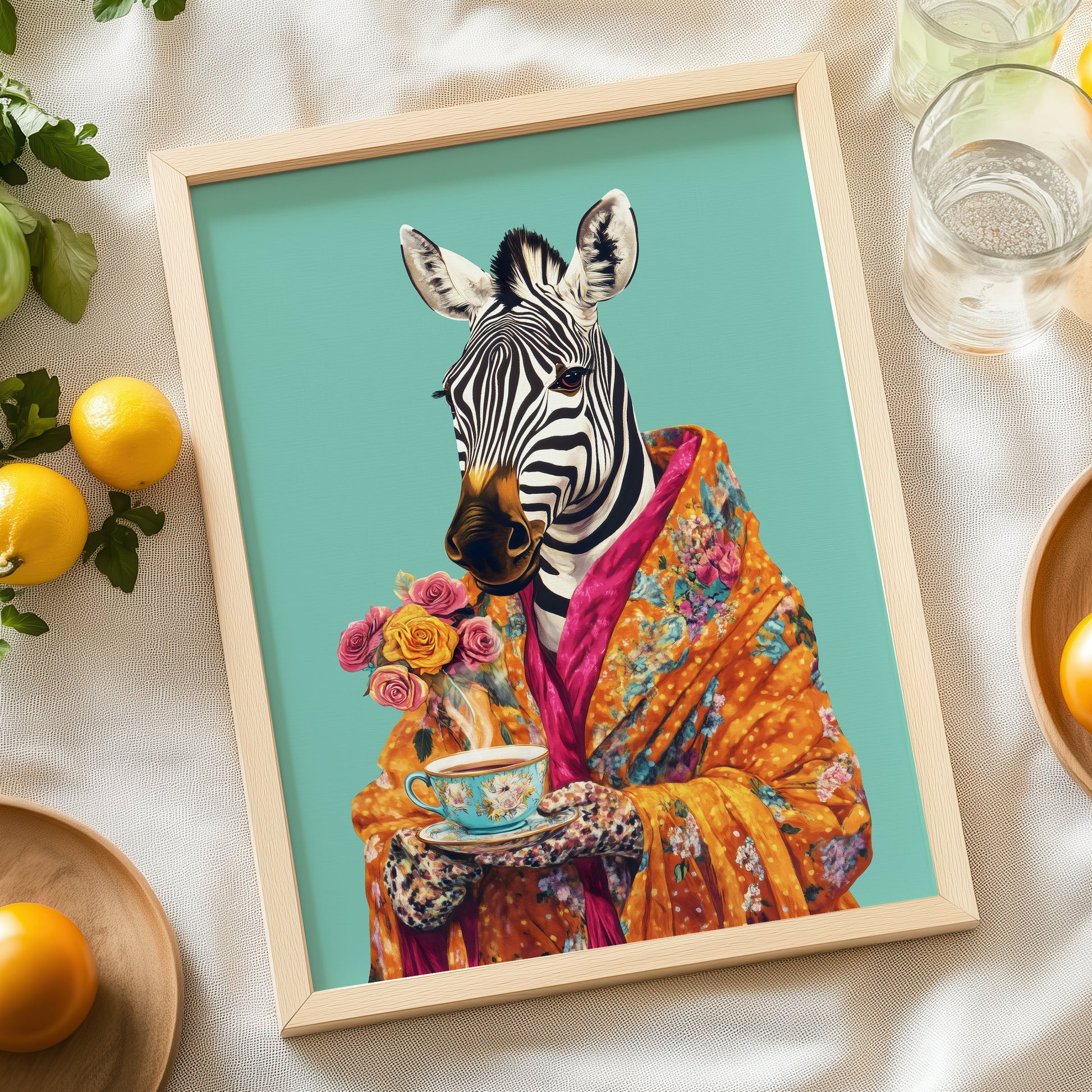 a picture of a zebra in a kimono with a cup of tea