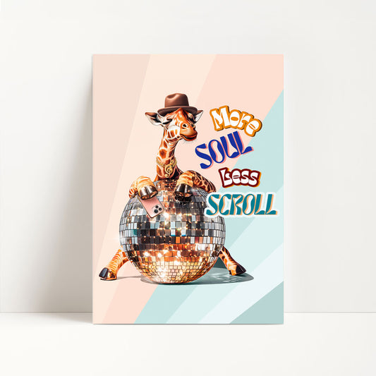 a card with a picture of a giraffe in a disco ball