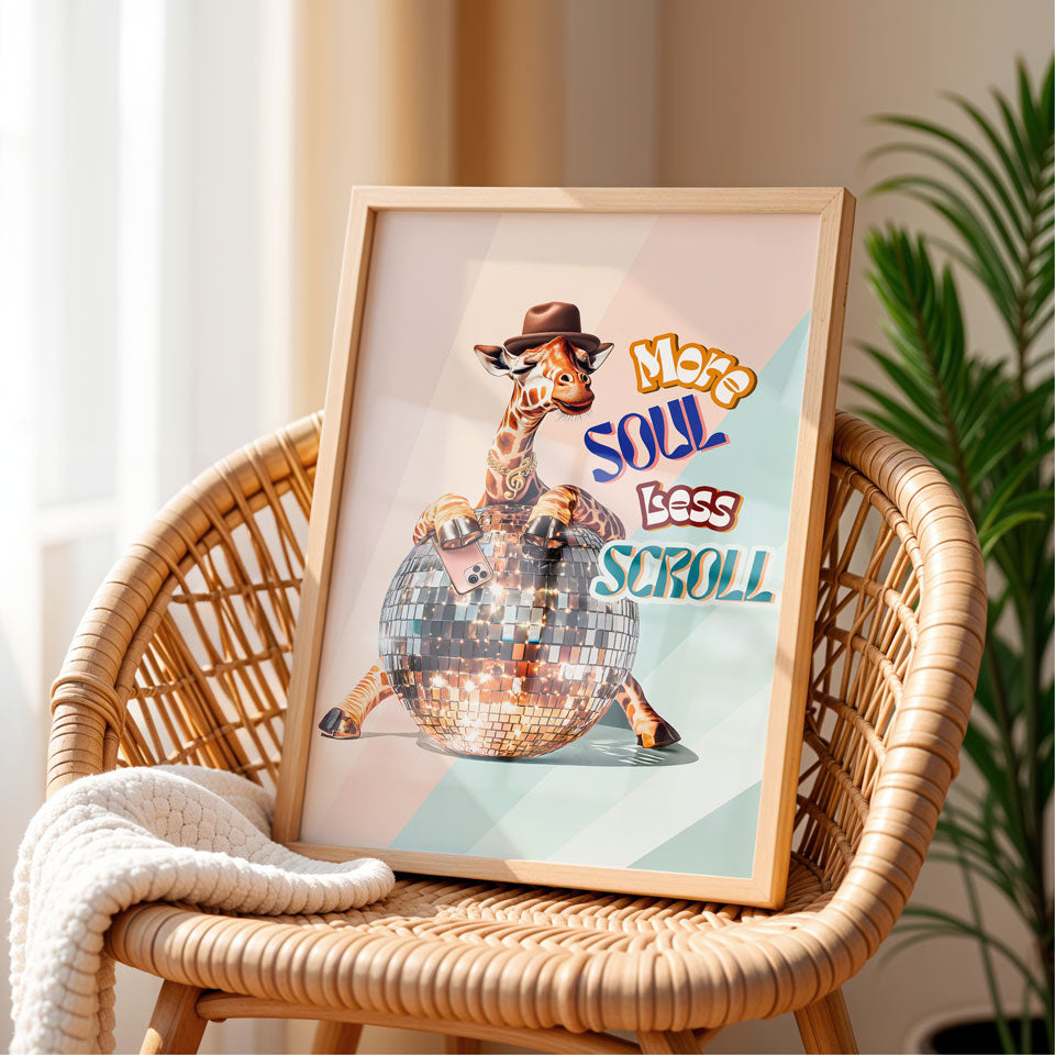 a picture of a giraffe on a chair