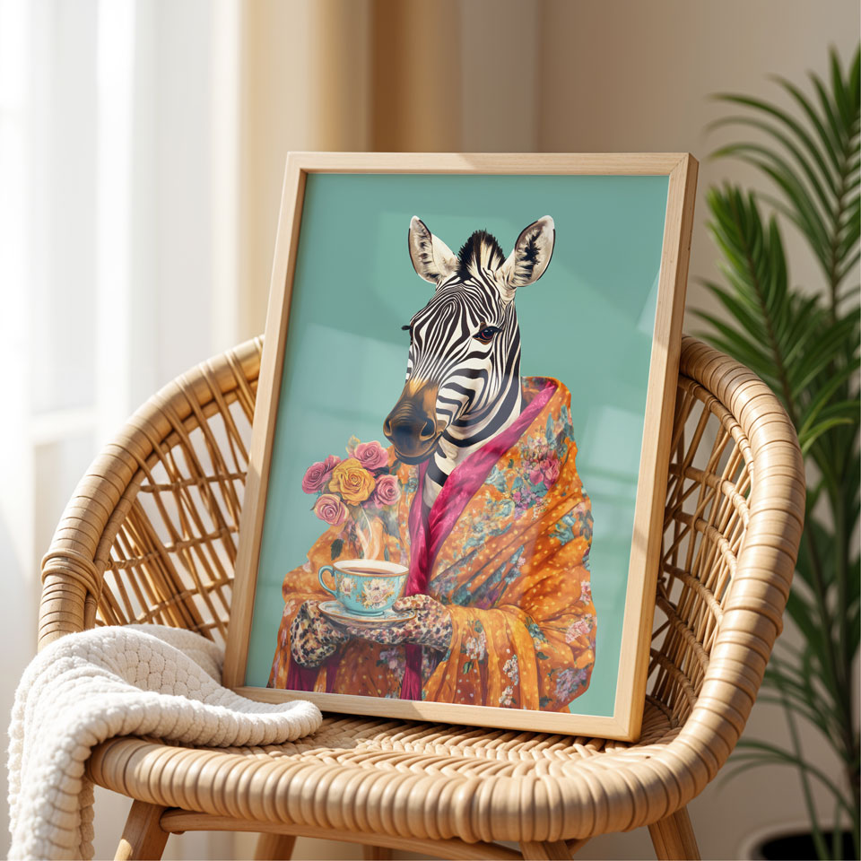 a picture of a zebra in a colorful outfit