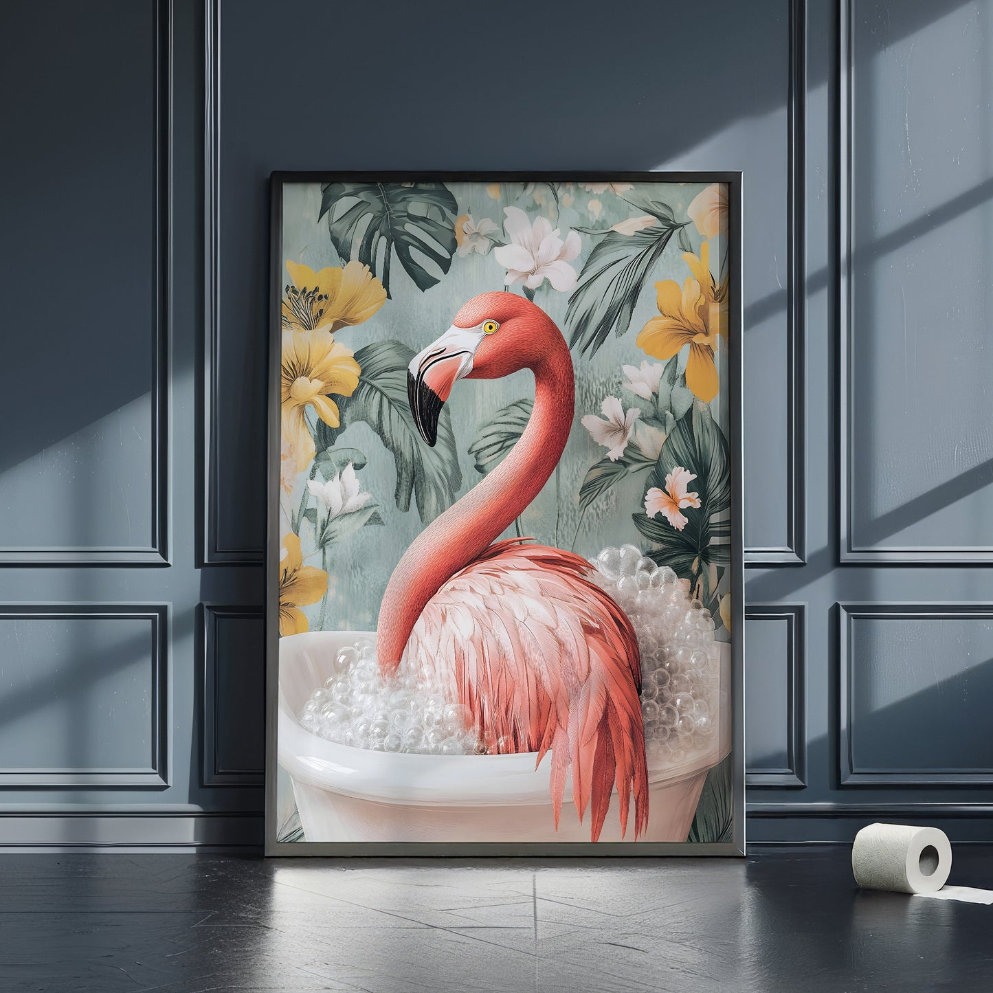 a painting of a flamingo in a bathtub