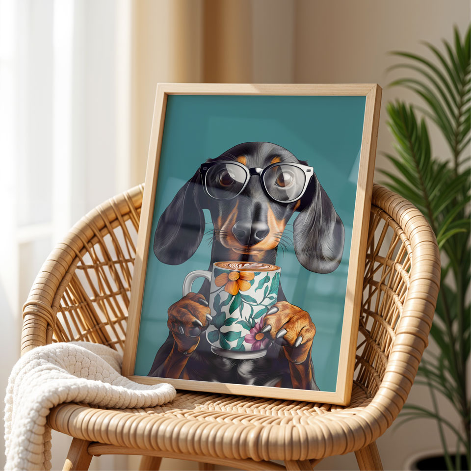 a picture of a dachshund holding a cup of coffee