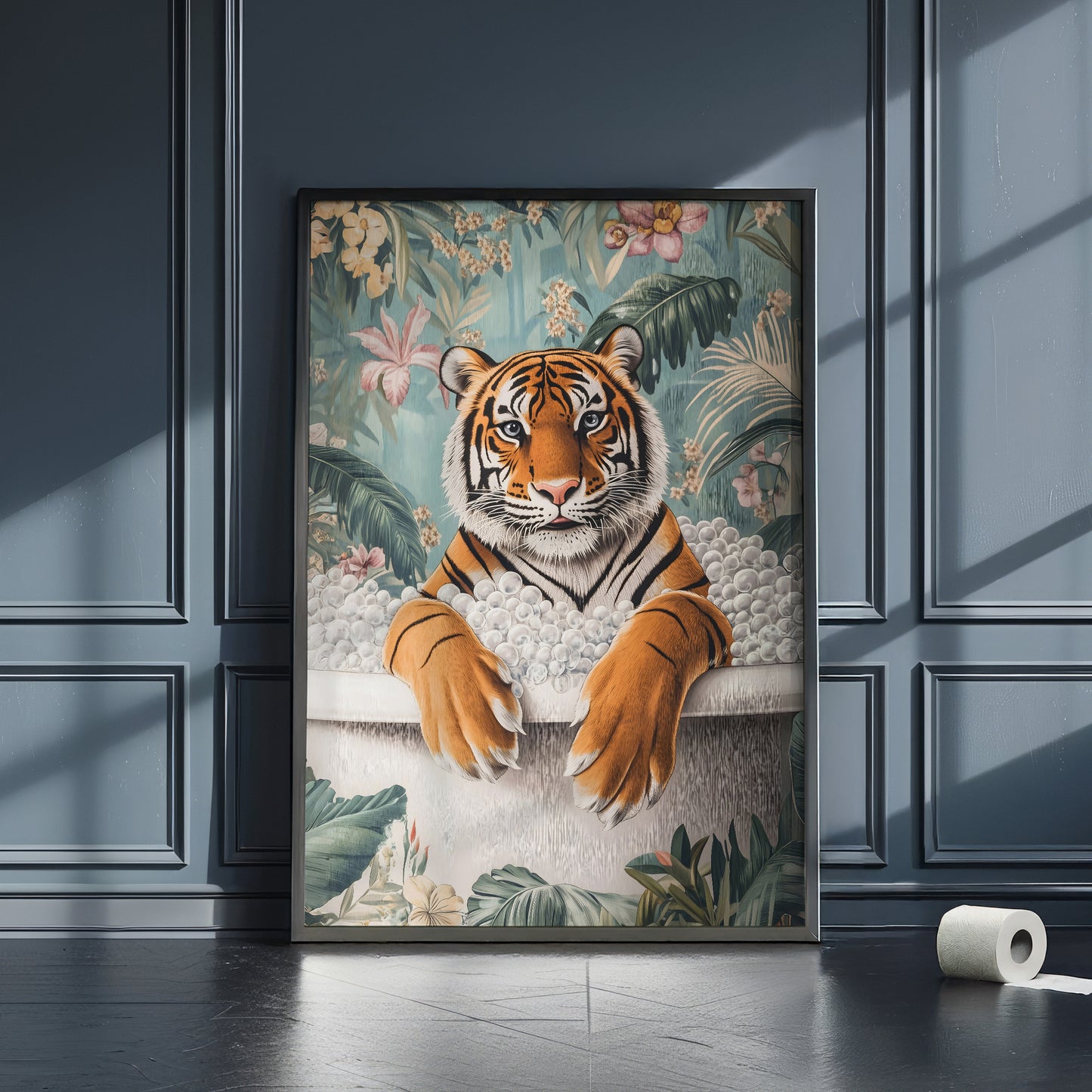 a picture of a tiger sitting in a bathtub