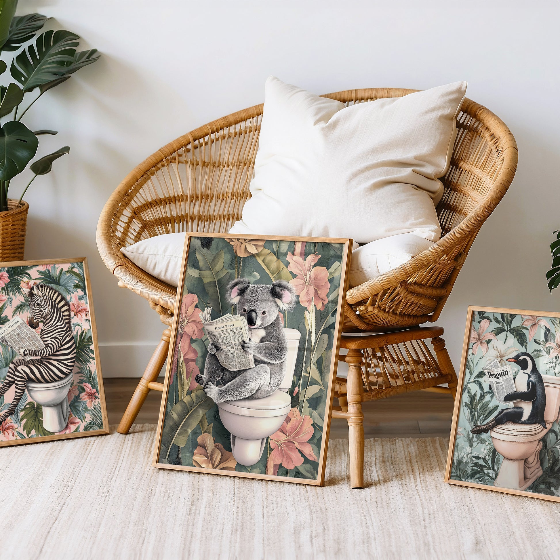 a wicker chair sitting next to a bunch of pictures