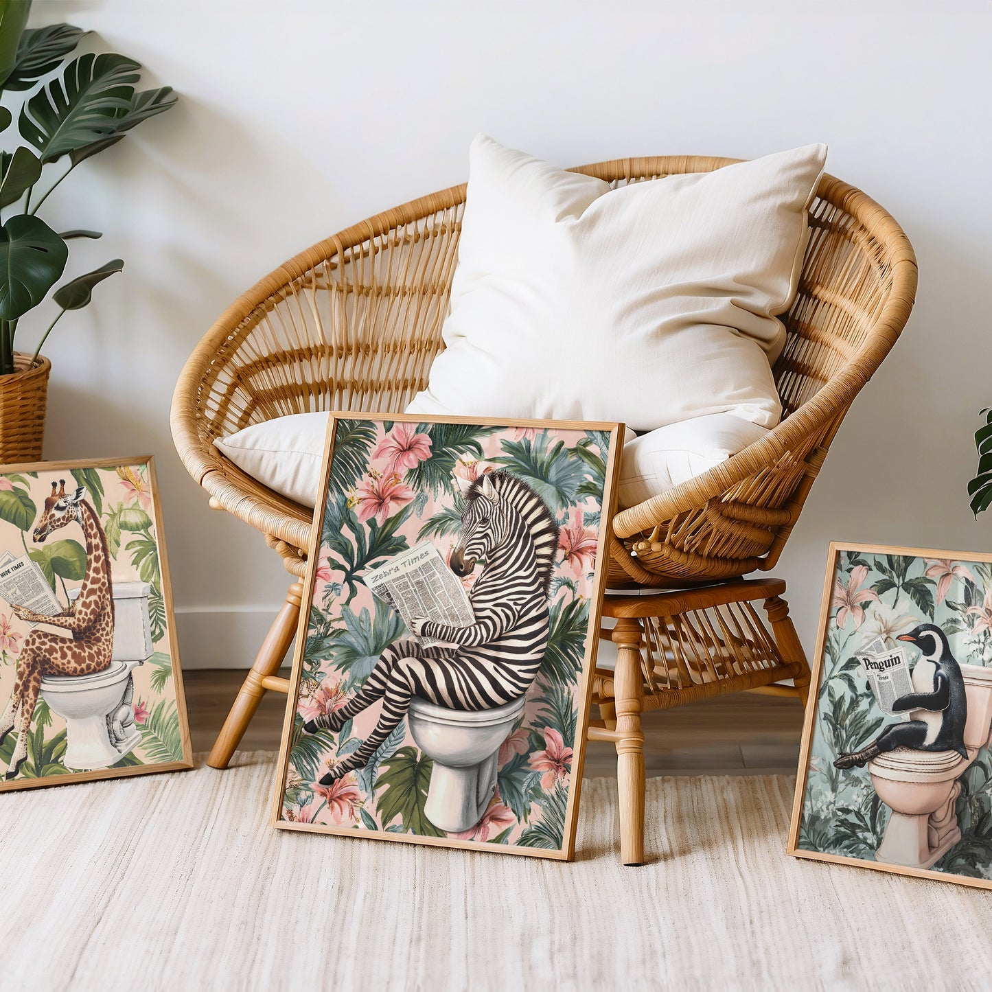 a wicker chair sitting next to a bunch of pictures