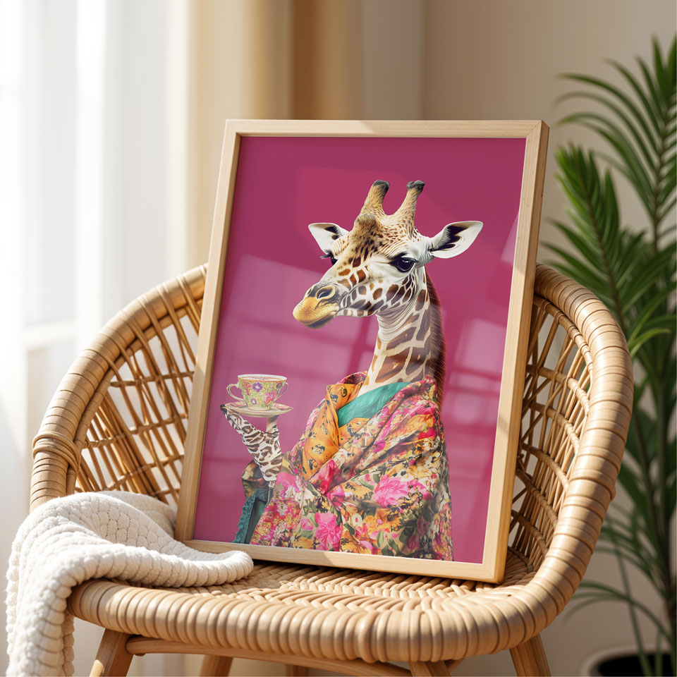 a picture of a giraffe with a pink background