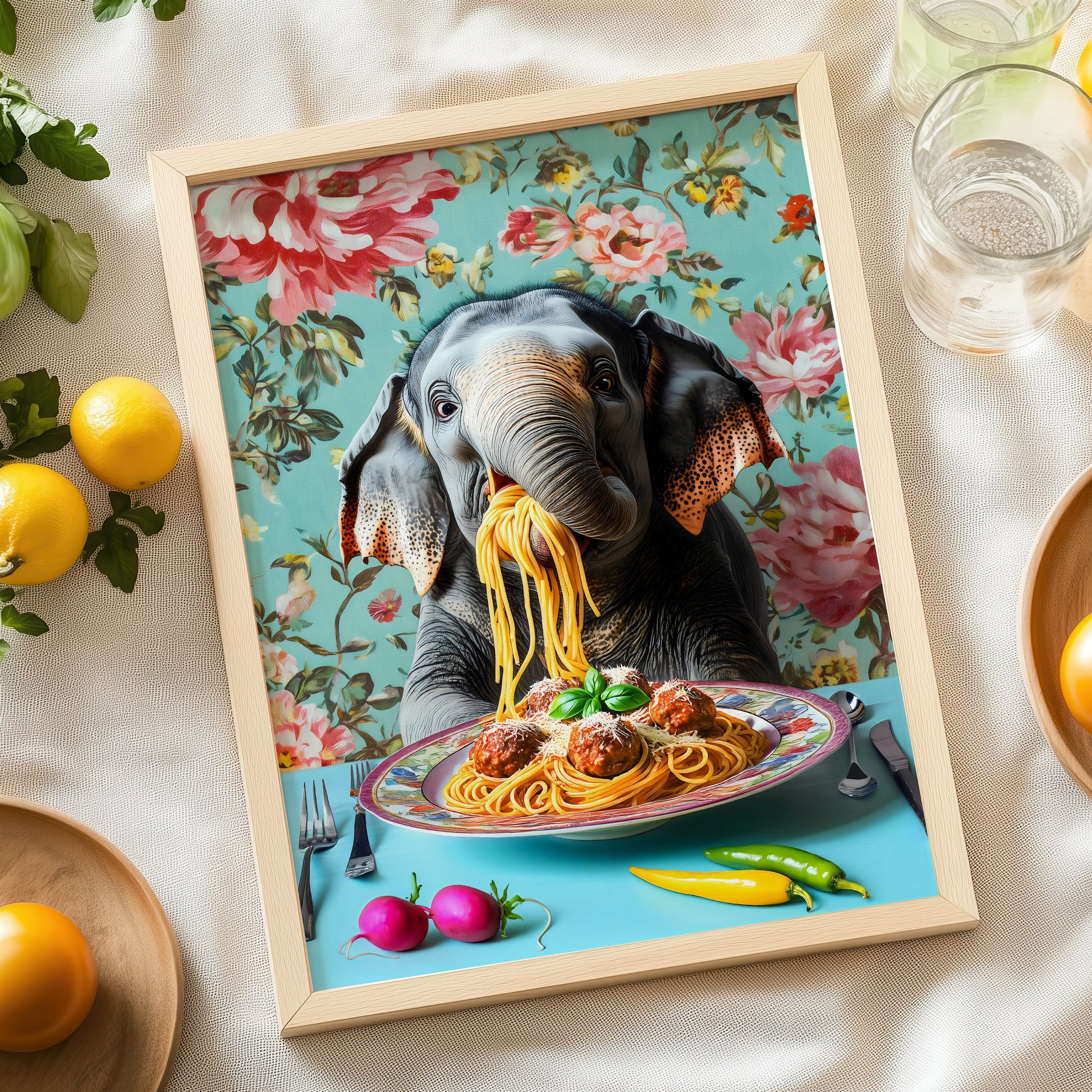 a picture of an elephant eating spaghetti on a plate