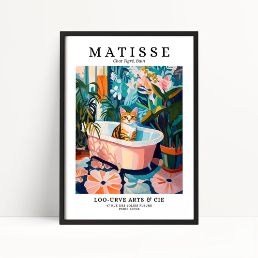 The image is a framed poster featuring a colorful illustration of a cat sitting in a bathtub surrounded by tropical plants and flowers.