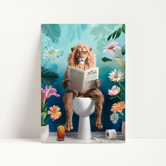 a painting of a lion sitting on a toilet reading a magazine