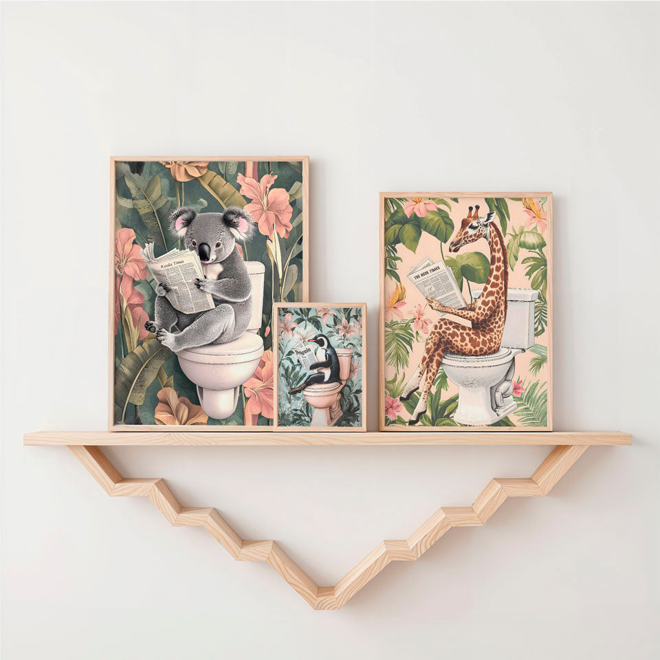 two pictures of animals on a shelf above a toilet