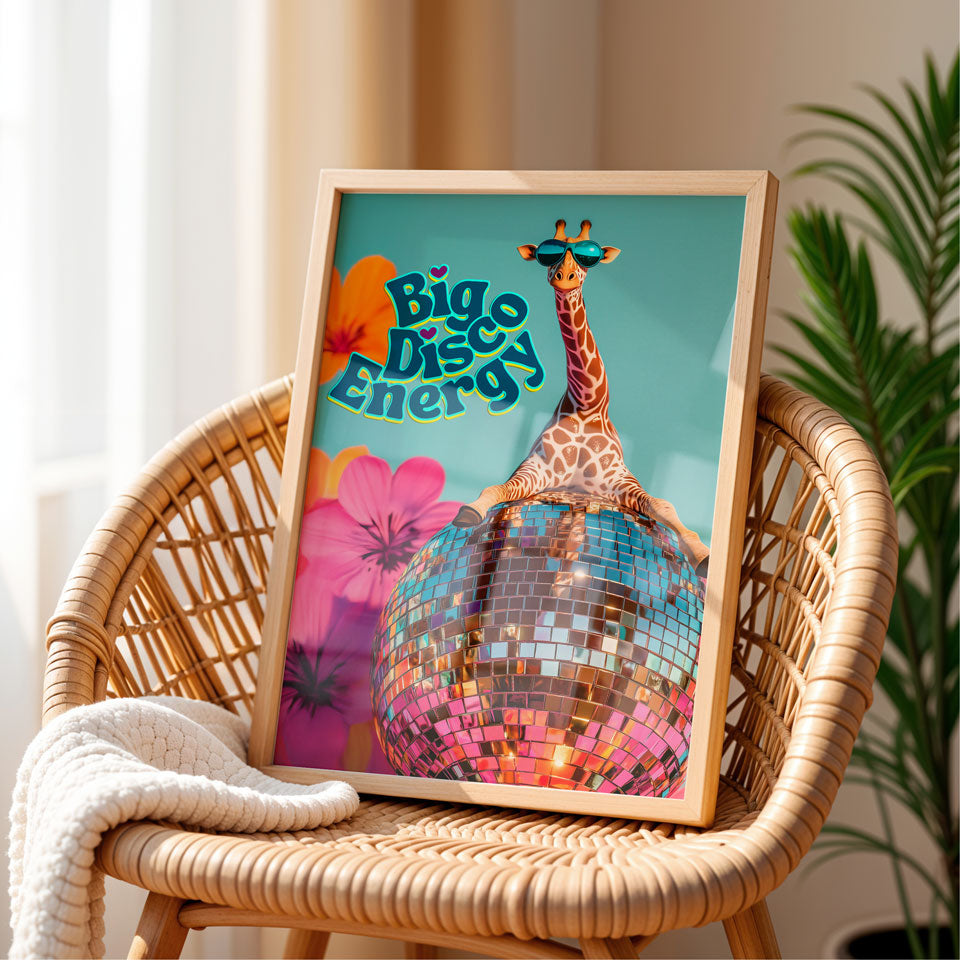 a picture of a giraffe on a chair