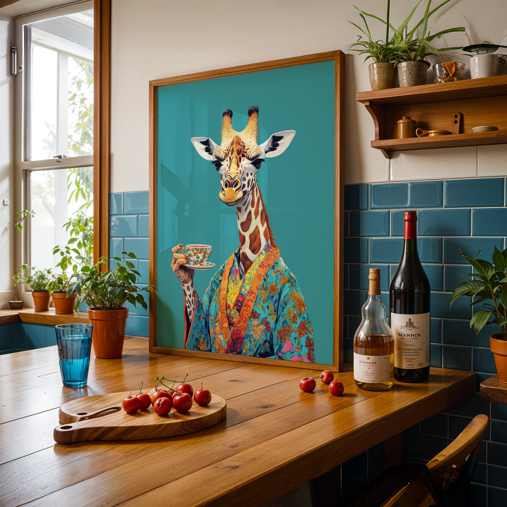 a painting of a giraffe holding a glass of wine