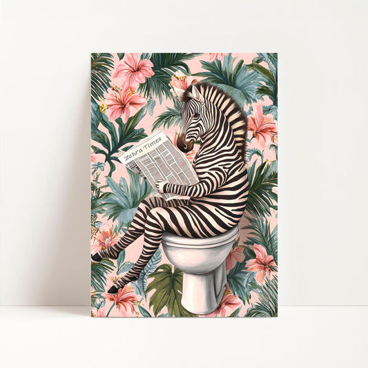 a zebra sitting on a toilet with a newspaper in its mouth