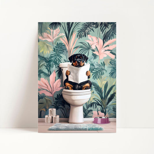 a dog is sitting on a toilet reading a book