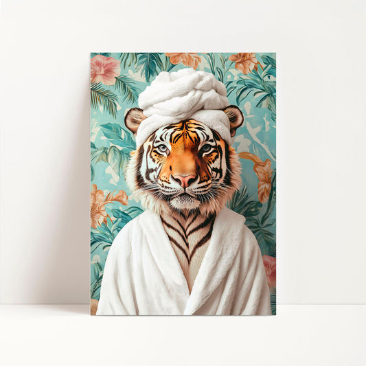 a painting of a tiger wrapped in a towel