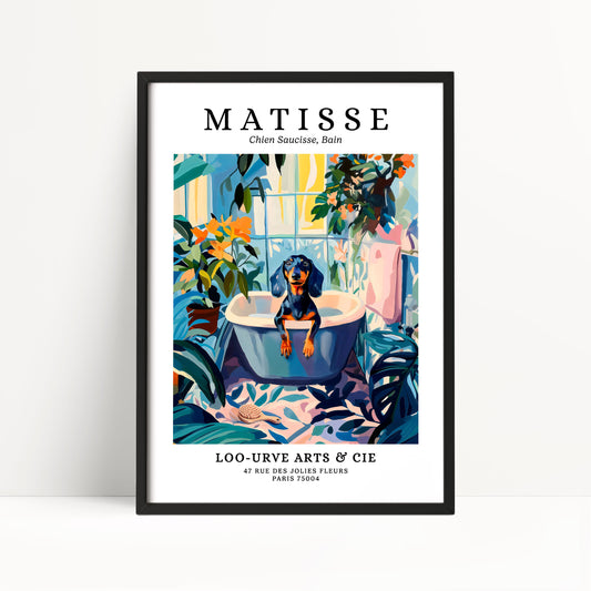 The image is a framed poster featuring an illustration of a dog sitting in a bathtub surrounded by tropical plants and flowers.
