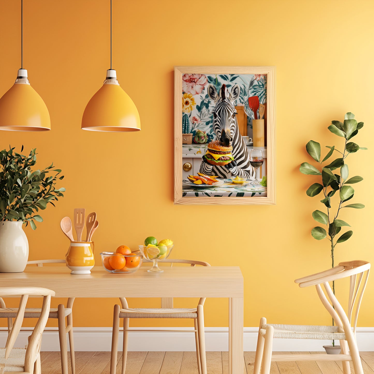 a dining room with a table and chairs and a painting on the wall