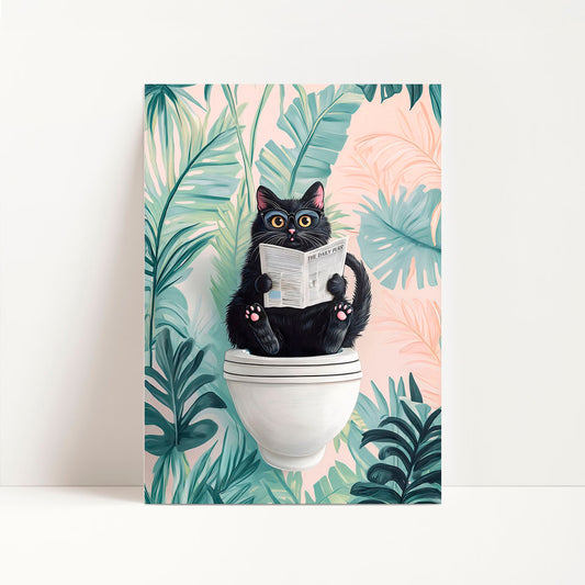 a black cat sitting on top of a toilet reading a newspaper