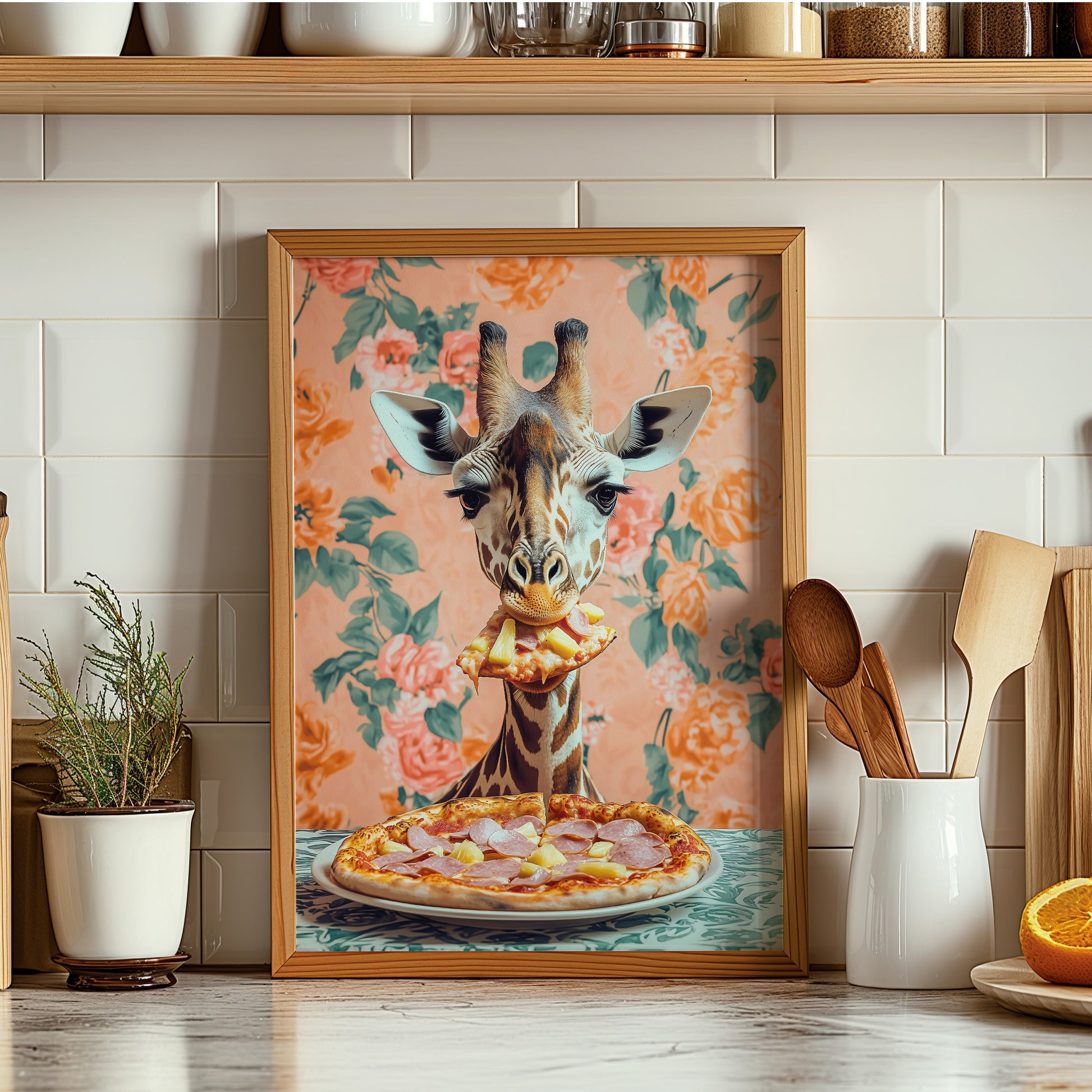 a painting of a giraffe eating a pizza