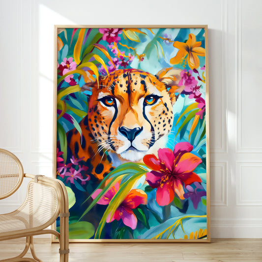 a painting of a tiger surrounded by flowers