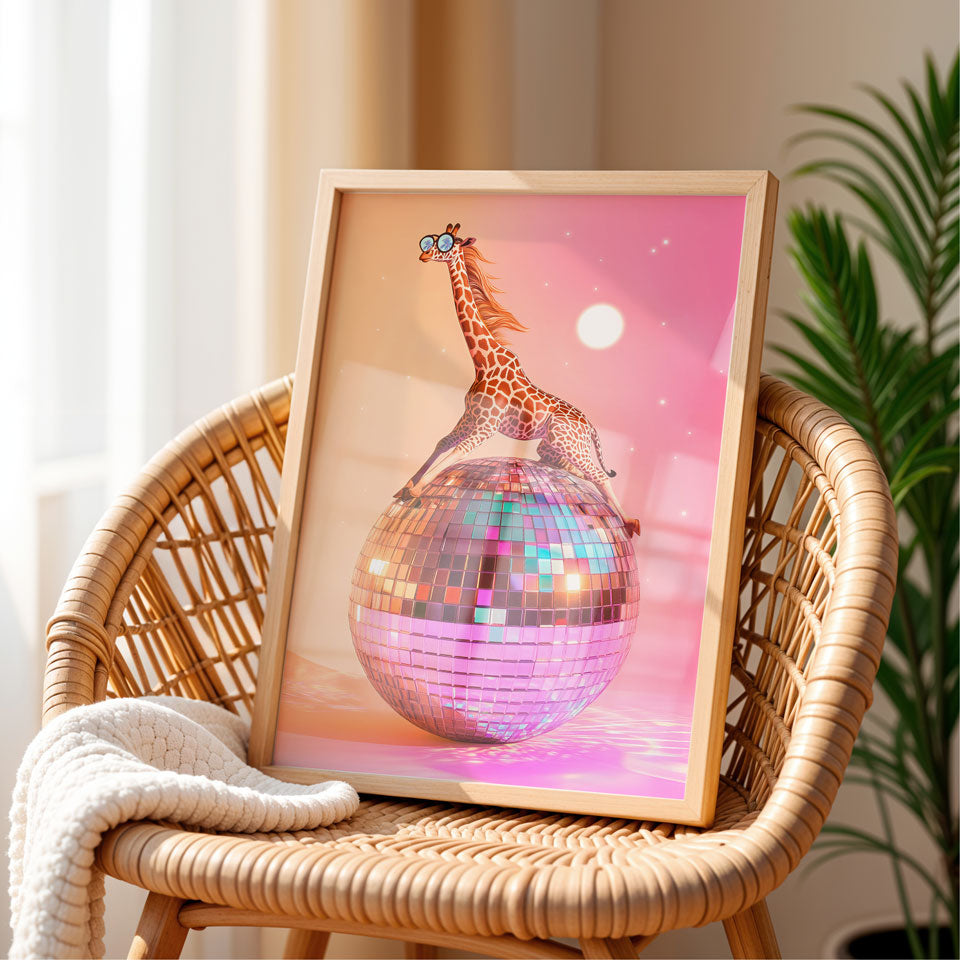 a picture of a giraffe standing on a disco ball