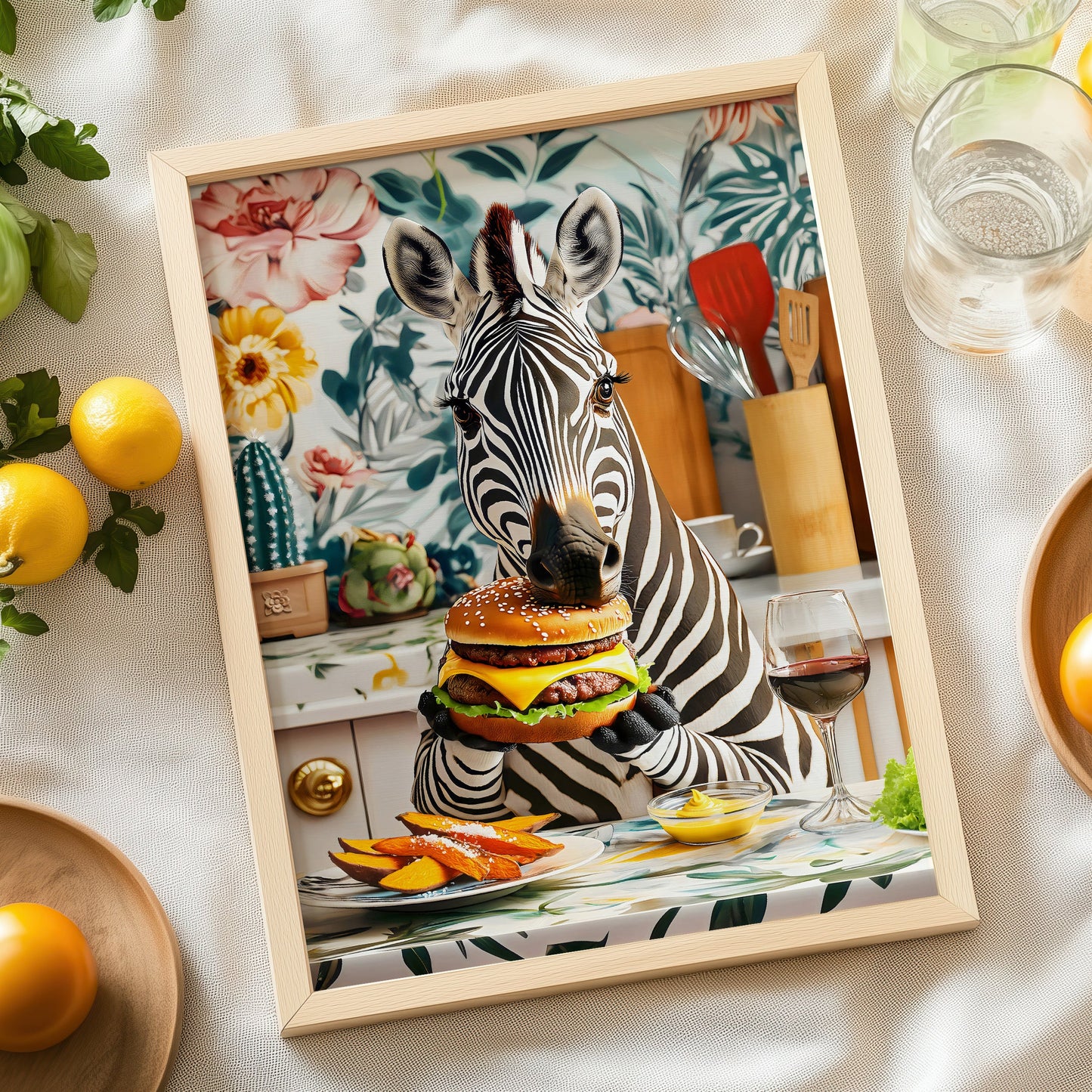 a picture of a zebra eating a hamburger