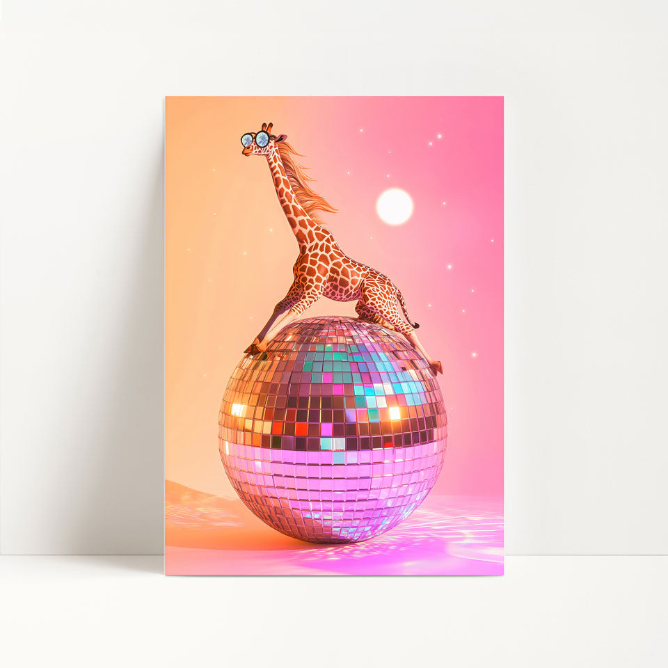 a giraffe standing on top of a disco ball