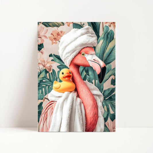 a pink flamingo holding a yellow rubber duck wrapped in a towel