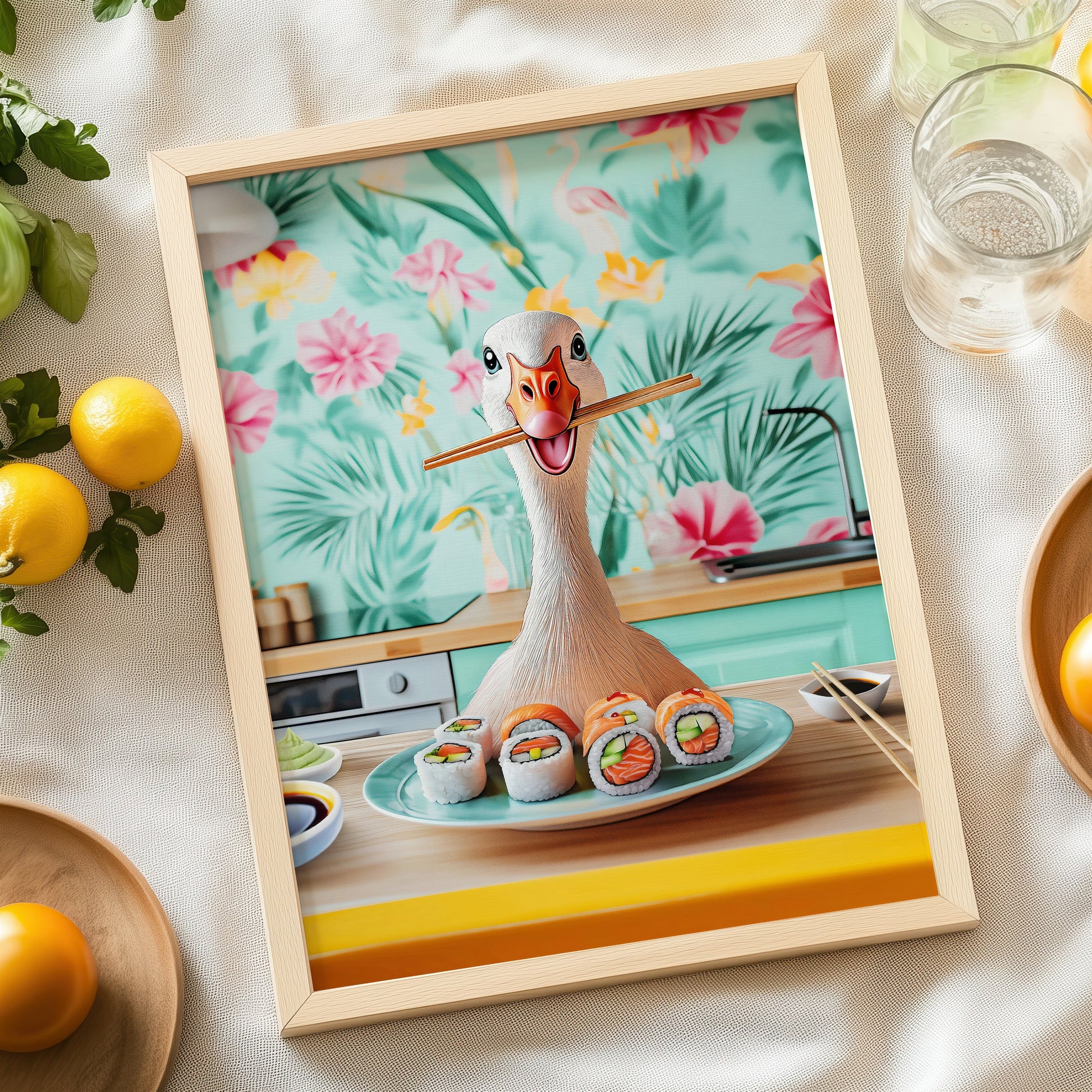 a picture of a duck with sushi on a plate