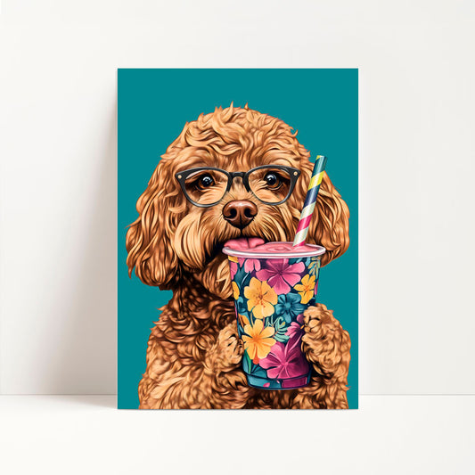 a dog with glasses holding a drink in it's mouth