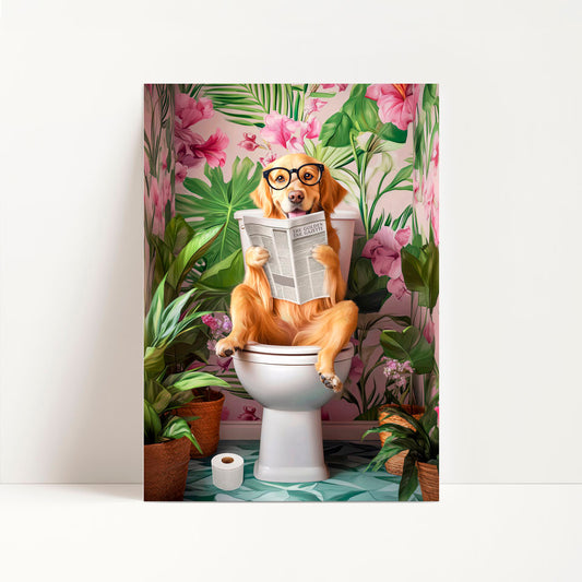 a dog sitting on a toilet reading a newspaper