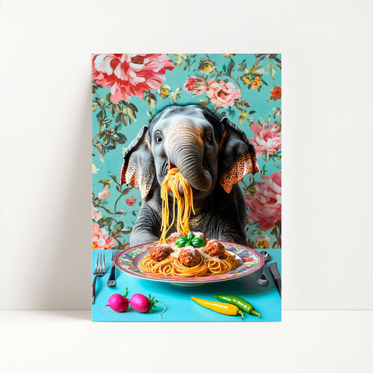 a painting of an elephant eating spaghetti off of a plate