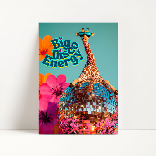 a poster of a giraffe standing on top of a disco ball
