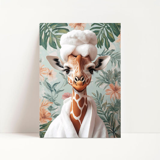 a giraffe with a white hat on its head