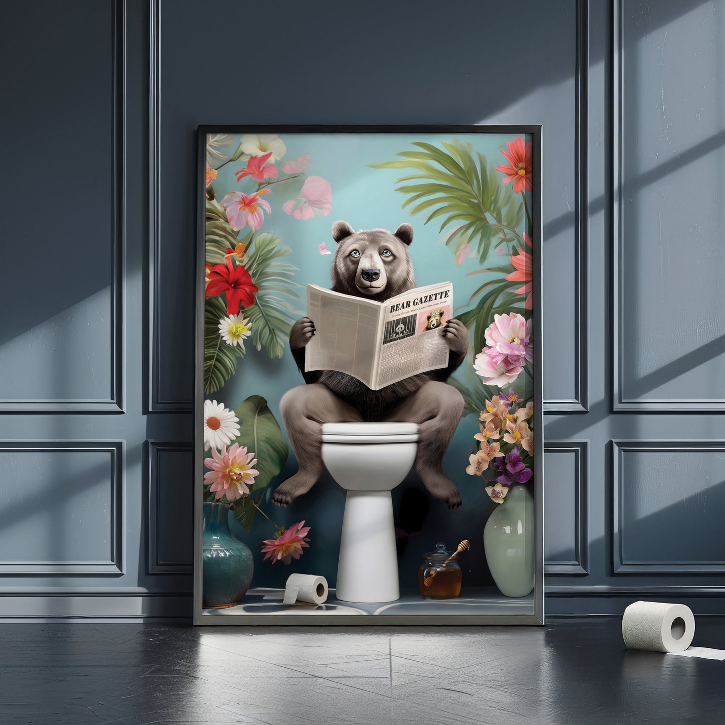 a panda bear sitting on a toilet reading a book