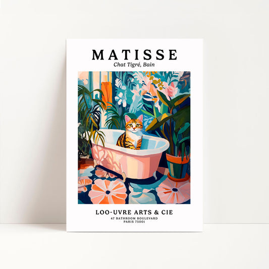 a poster of a cat sitting in a bathtub