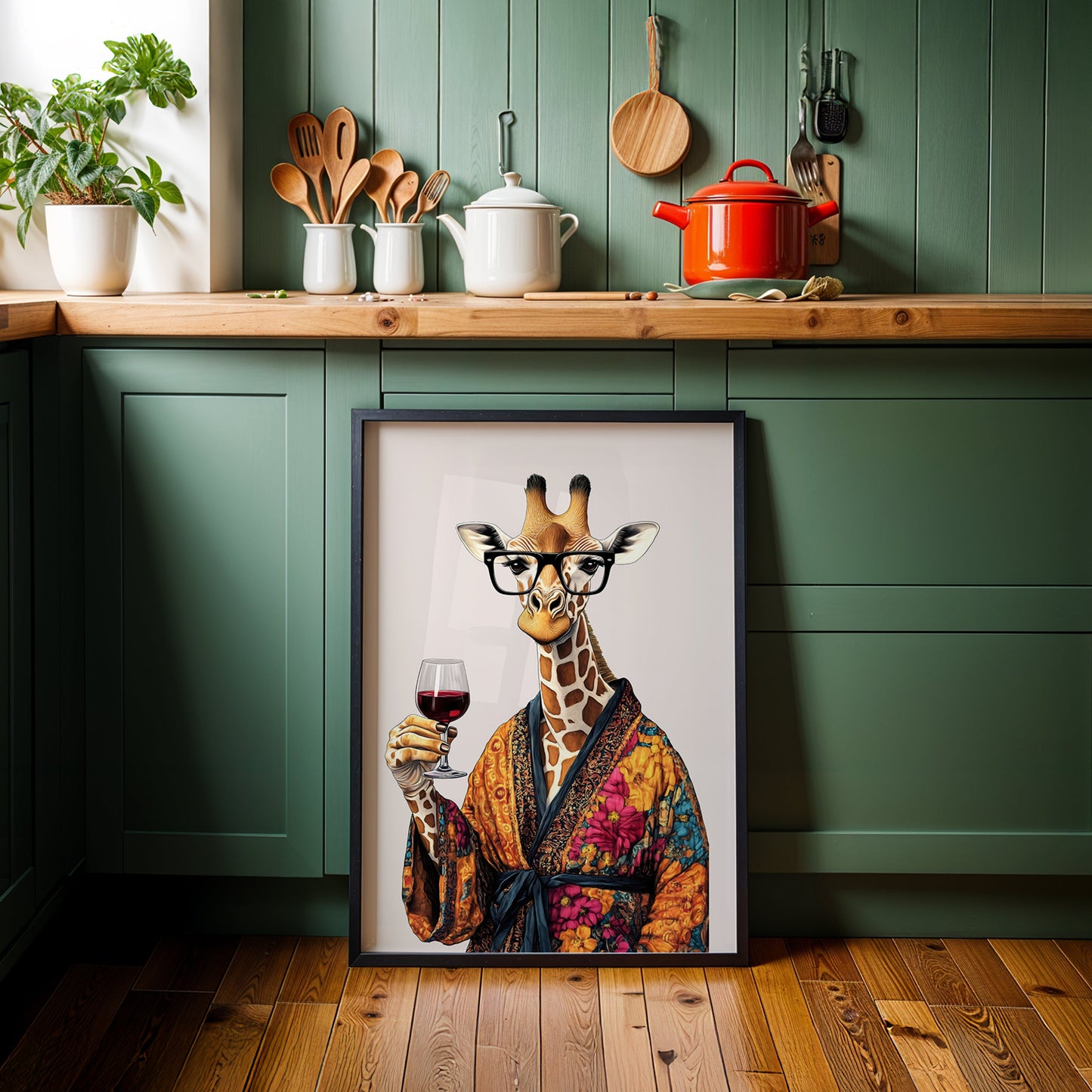 a picture of a giraffe holding a glass of wine