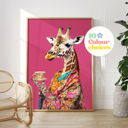 a picture of a giraffe with a pink background