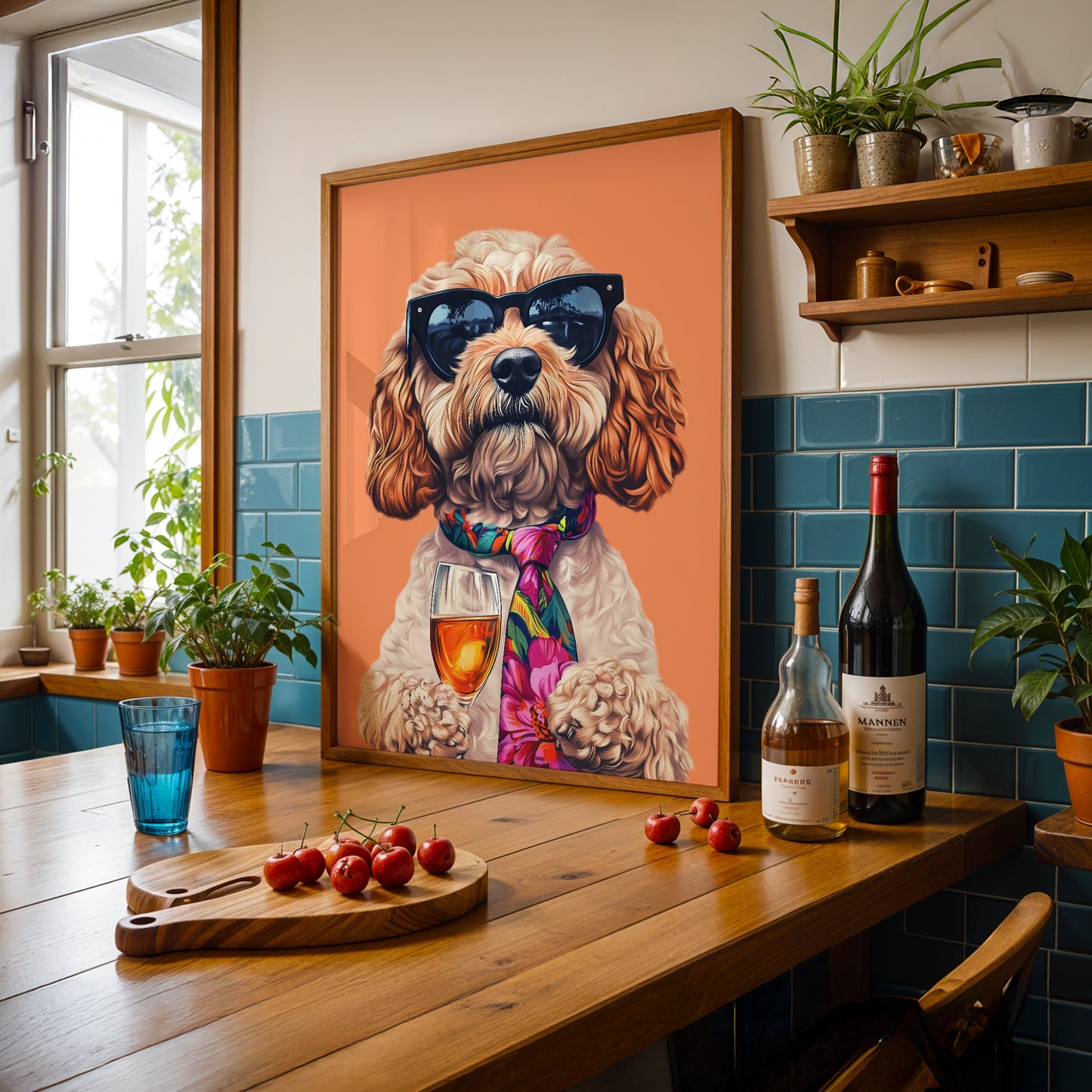 a painting of a dog wearing sunglasses and a tie