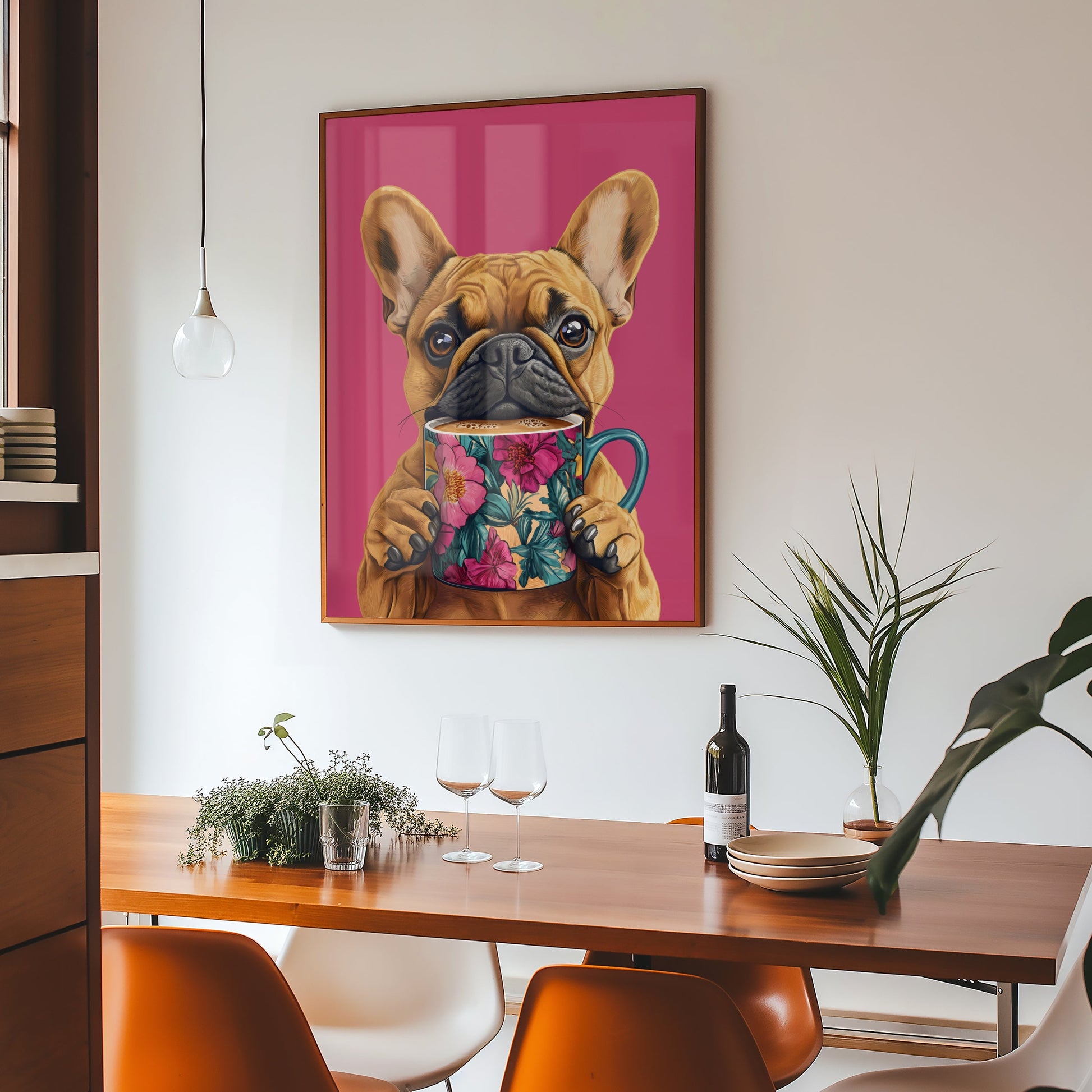 a painting of a dog holding a cup of coffee