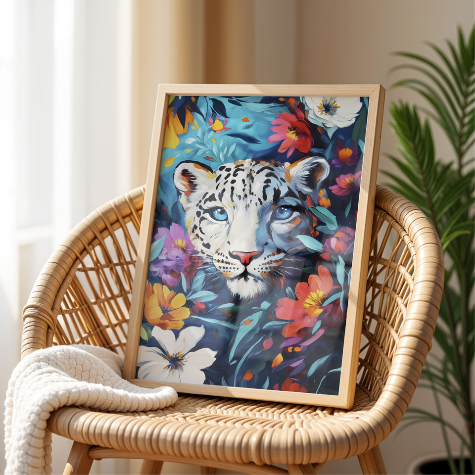 a painting of a white tiger surrounded by flowers