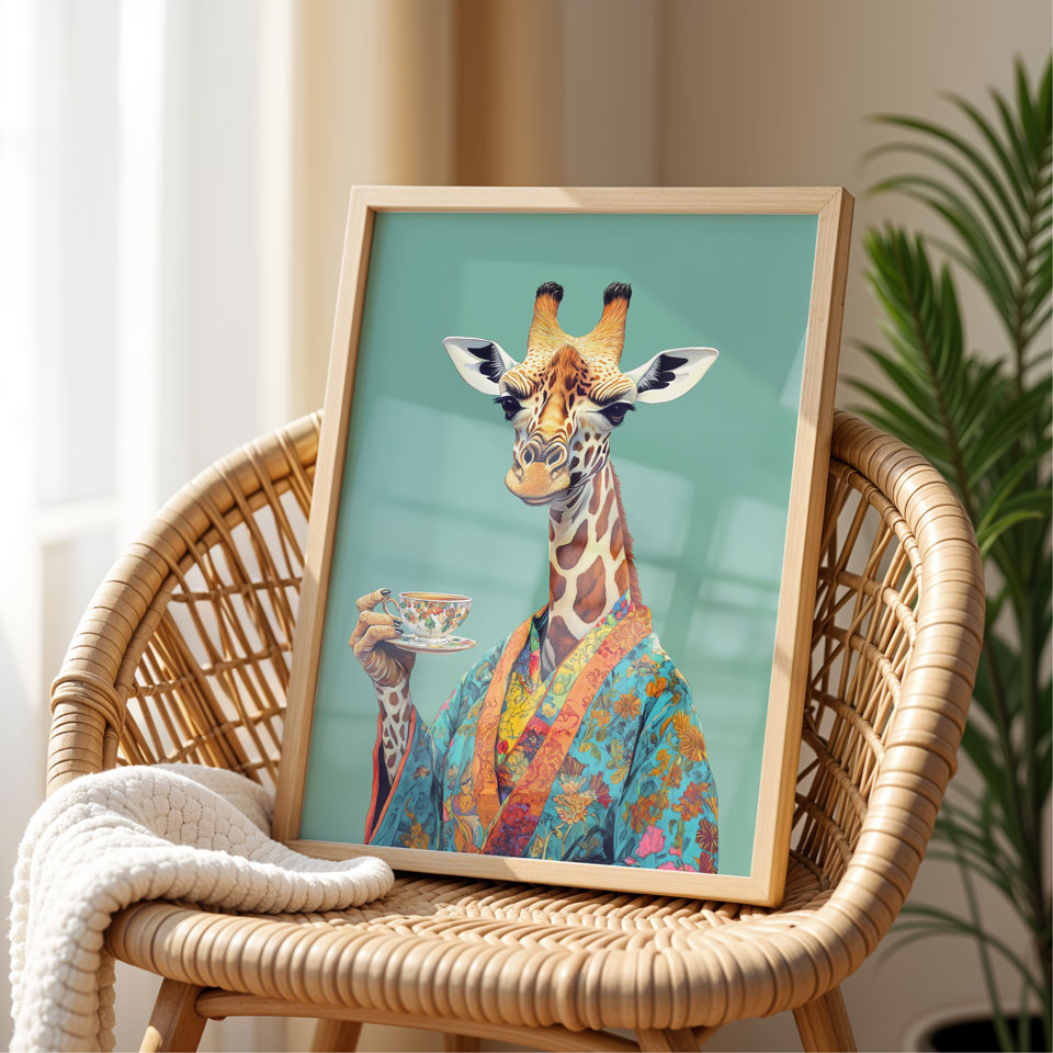 a picture of a giraffe is on a chair