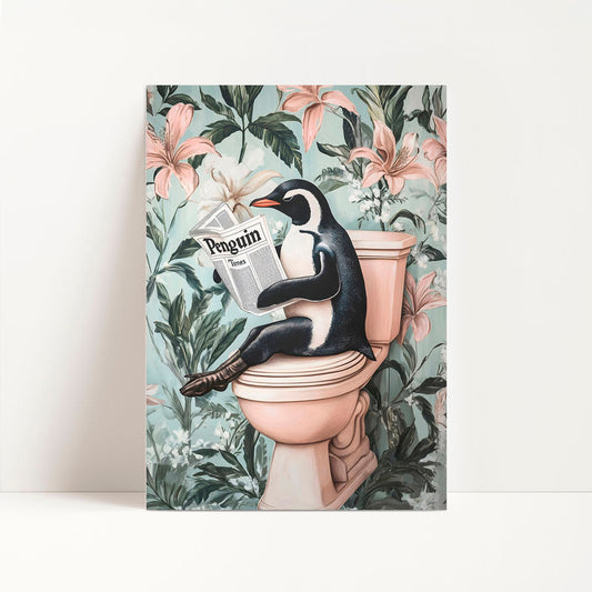 a penguin sitting on a toilet reading a book