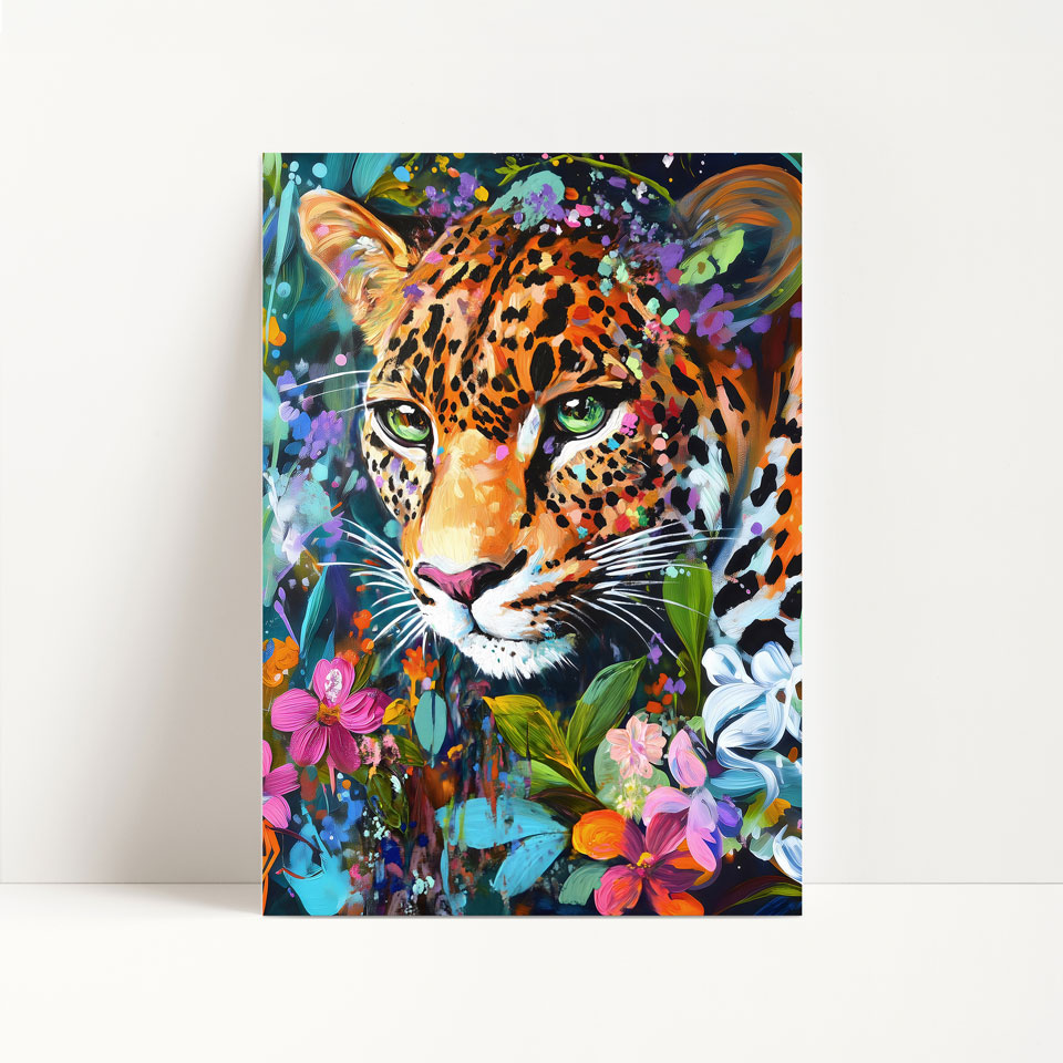 a painting of a leopard surrounded by flowers