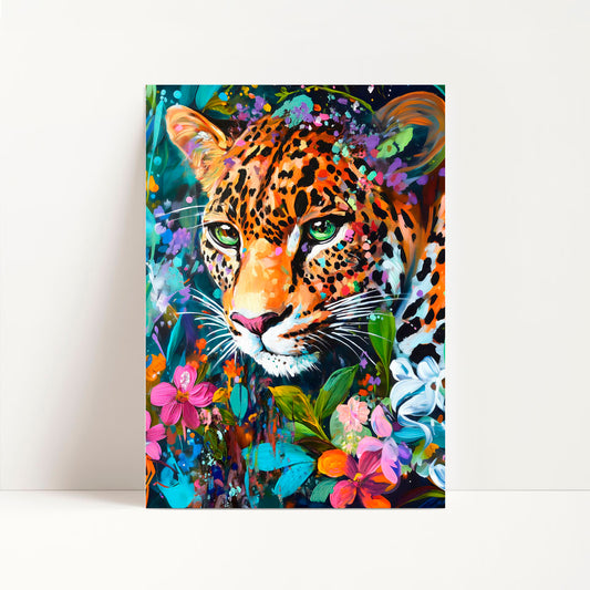 a painting of a leopard surrounded by flowers