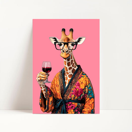 a giraffe wearing glasses holding a wine glass