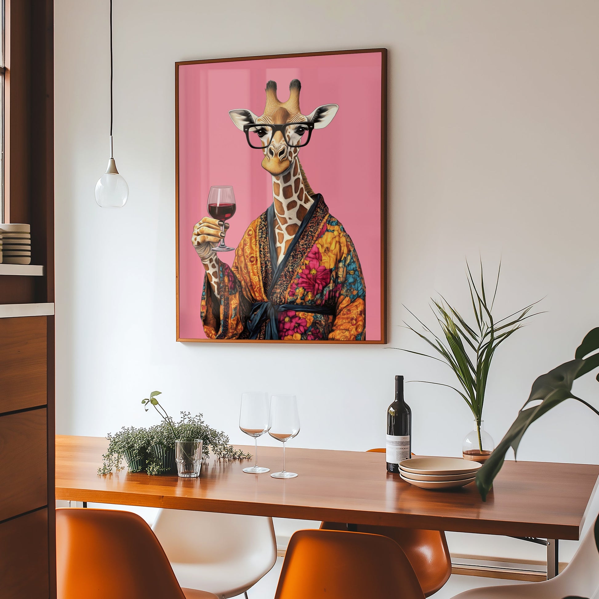 a painting of a giraffe holding a glass of wine